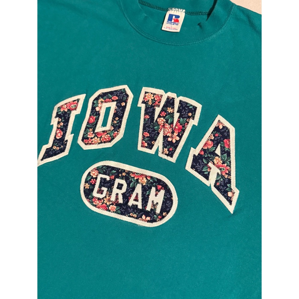Vintage Russell Athletic Iowa Gram Floral T Shirt Teal Single Stitch USA Mens L - Picture 6 of 8